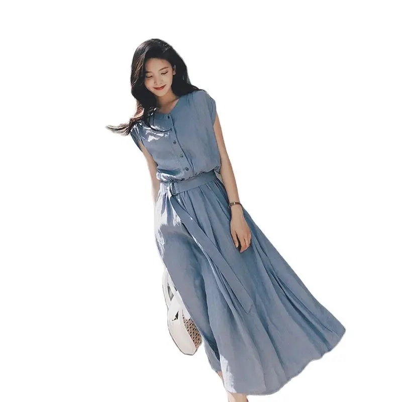 

Women's Dress Midi Skirt Snow Spinning Single-breasted Crew Neck High Waist Fashion Solid Color Short Sleeve Summer Tenafeicc