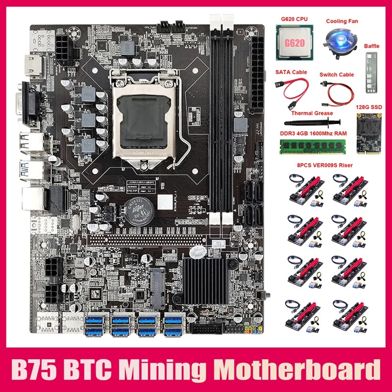 

Материнская плата B75 8USB ETH Miner + G620 CPU + 8XVER009S карта расширения + DDR3 4 ГБ ОЗУ + 128G SSD + вентилятор + SATA кабель + коммутационный кабель B75 BTC