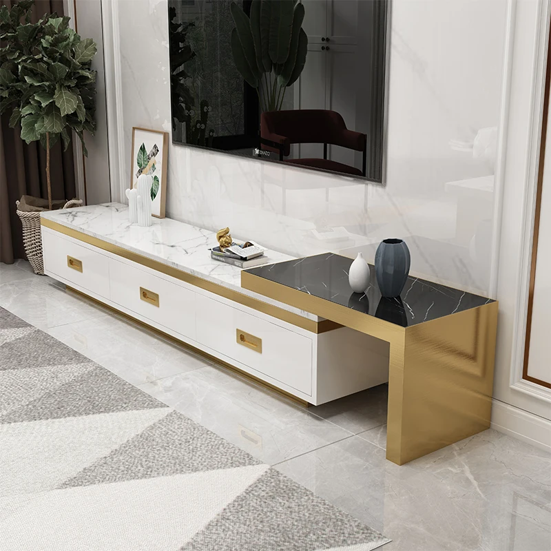 

Light Marble Luxury TV Cabinet Coffee Table Combination Post-modern Minimalist High-end Atmosphere 2.2/2m Retractable Floor Size