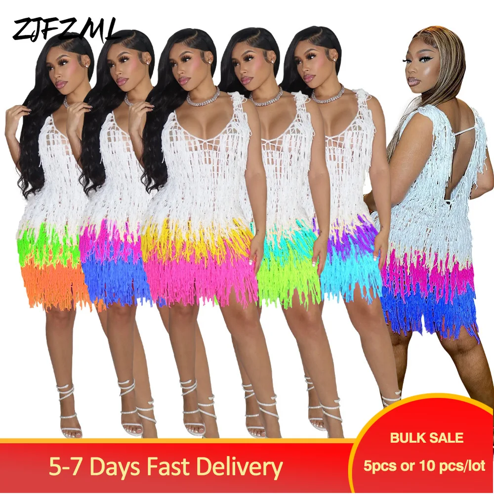 

Bulk Items Wholesale Lots Attractive Women's Knitted Bodycon Beach Dresses Summer Contrast Color Crochet Tassels Hollow Dress