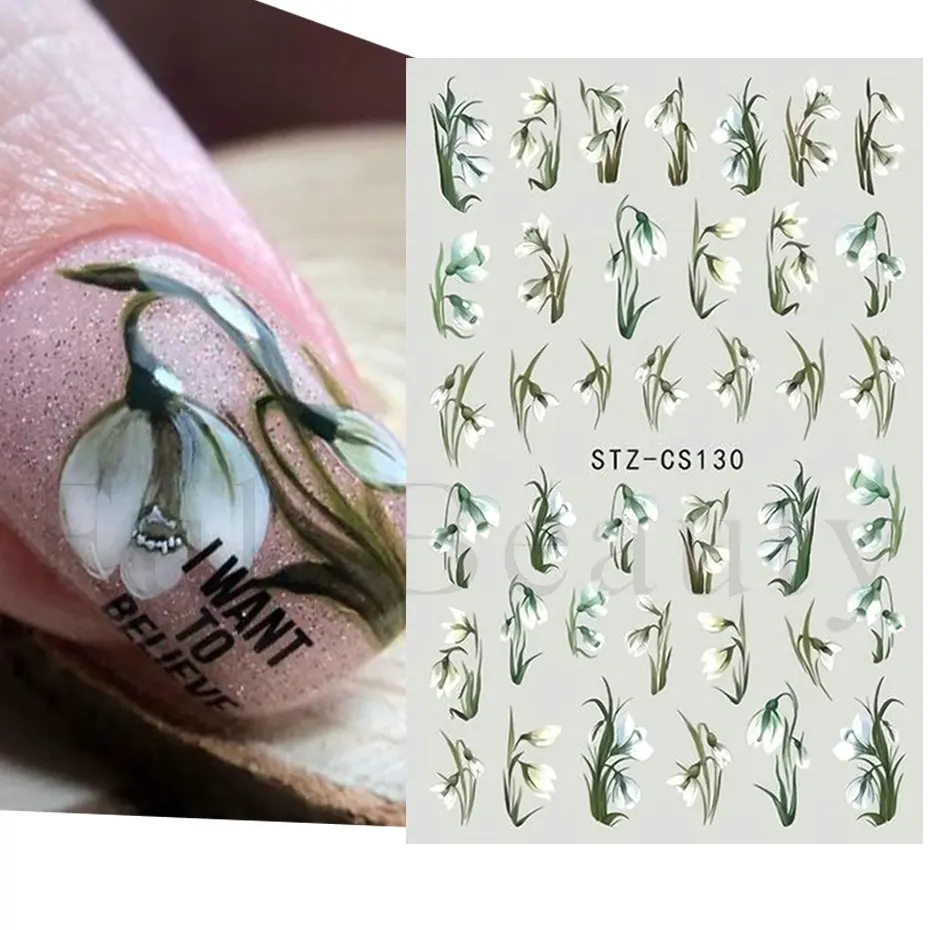 

Наклейки для ногтей в виде снежинки, белая колокольчика, тюльпана, Летний цветок, французский дизайн ногтей, татуировка, слайдер, украшение ...