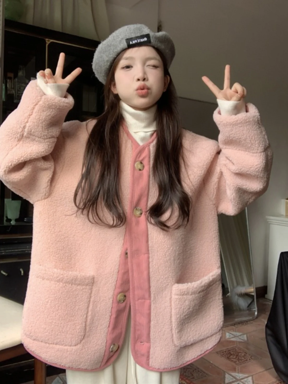 Японская мода Розовая верхняя одежда из овечьей шерсти с v-образным вырезом