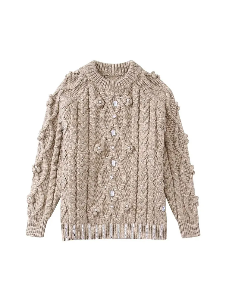 

PB&ZA 3920109 Women 2022 New Fashion Artificial jewelry decorate Knitted Sweater Long Sleeve Female Pullovers Chic Tops 3920/109