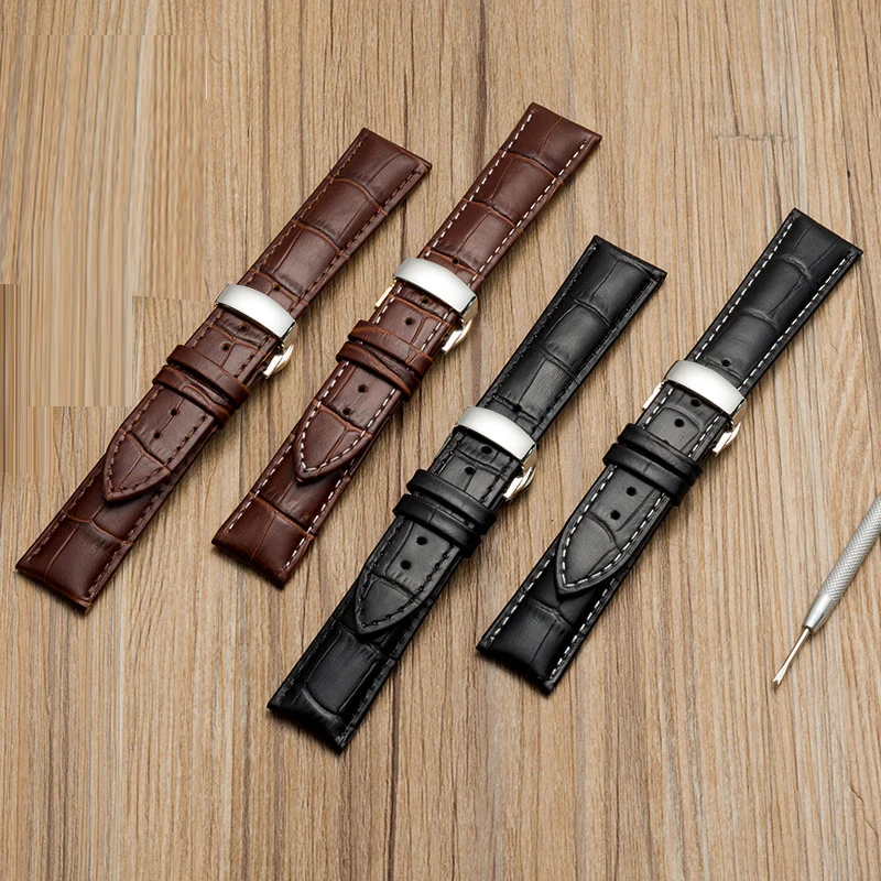 20mm Watch Strap Genuine Leather Watchband 22mm with Silver Butterfly Buckle Watches Accessories 18-24mm  ремешок для часов