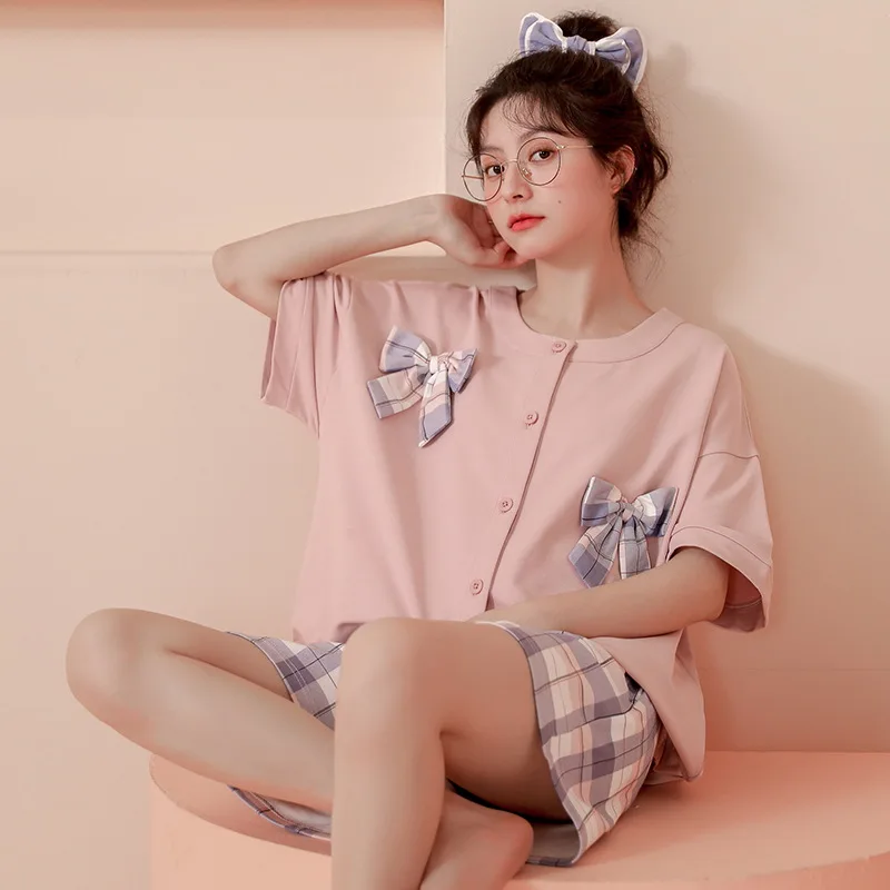 Summer Pajamas Set For Women Cotton Kimono Home Clothes New 2022 Kawaii Anime Pijama Mujer Short Sleeve Nightwear For Young Girl