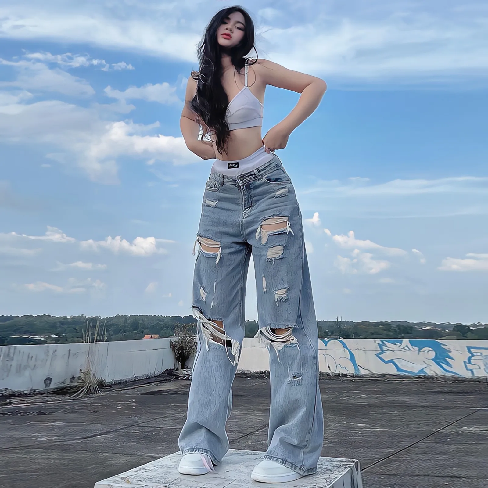 

Oversize Jeans Woman Summer High Waist Boyfriend Style Blue Design Sense Streetwear Hippie Wide Leg Pants Denim Ripped Trousers