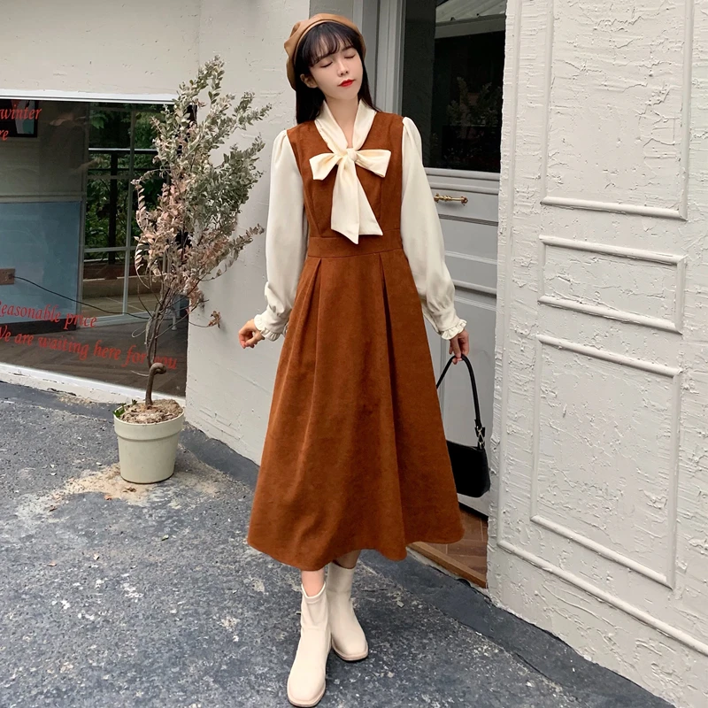 Женское зимнее милое платье-трапеция с длинным рукавом и бантом | Женская одежда