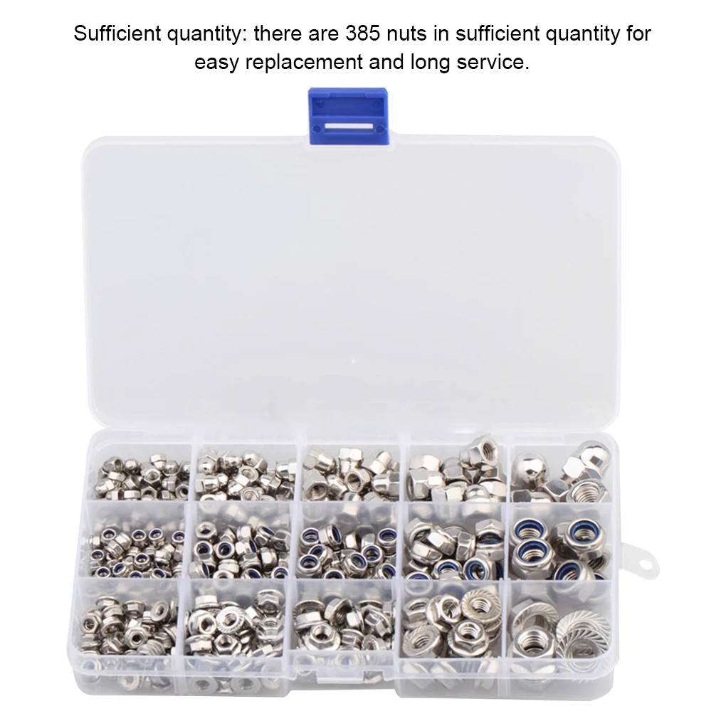 

385pcs Stainless Steel Hexagon Professional Insert Lock Nuts Hex Self-Locking Waterproof Thread Metric Nylock Locknut Set