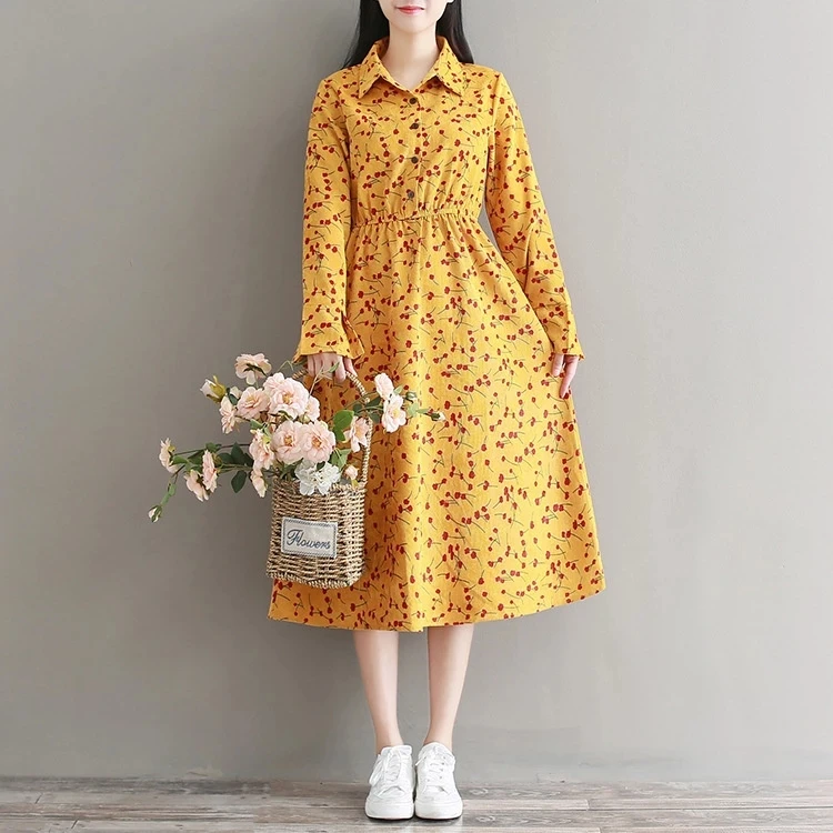 

2022 New Arrival Hot Selling High Quality Women's Skirt Casual Turn-down Collar Long Sleeve Floral Dress Women's Clothing