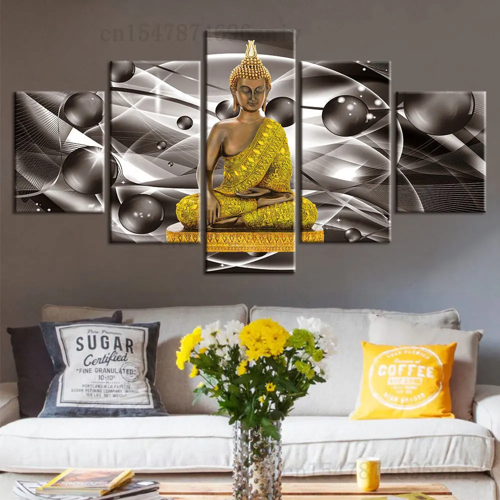 5 панельных художественных золотых абстрактных картин Будды холст настенные