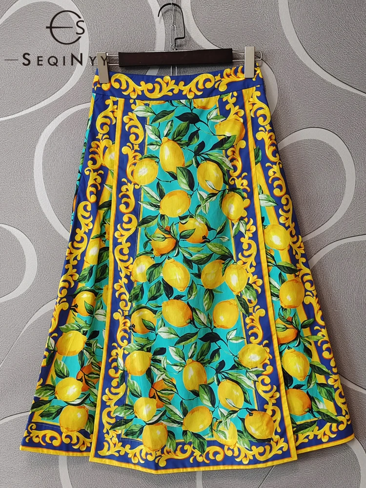 SEQINYY Sicily Midi Skirt Summer Spring New Fashion Design Women Runway High Quality 100% Cotton Vintage Lemon Flower Print