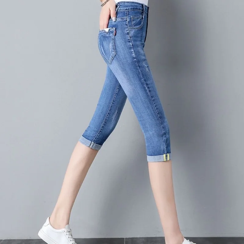 Women Summer Jeans Loose Denim Pencil Capri Pants Female High Waist Calf Length Trousers Pantalones Vaqueros Mujer Femme E52
