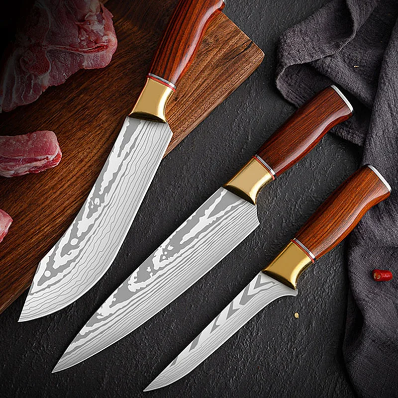 Damascus 70Cr17 Stainless Steel Kitchen Chef Knife Set Meat Cleaver Fish Vegetables Slicer Boning Professional Butcher Knives