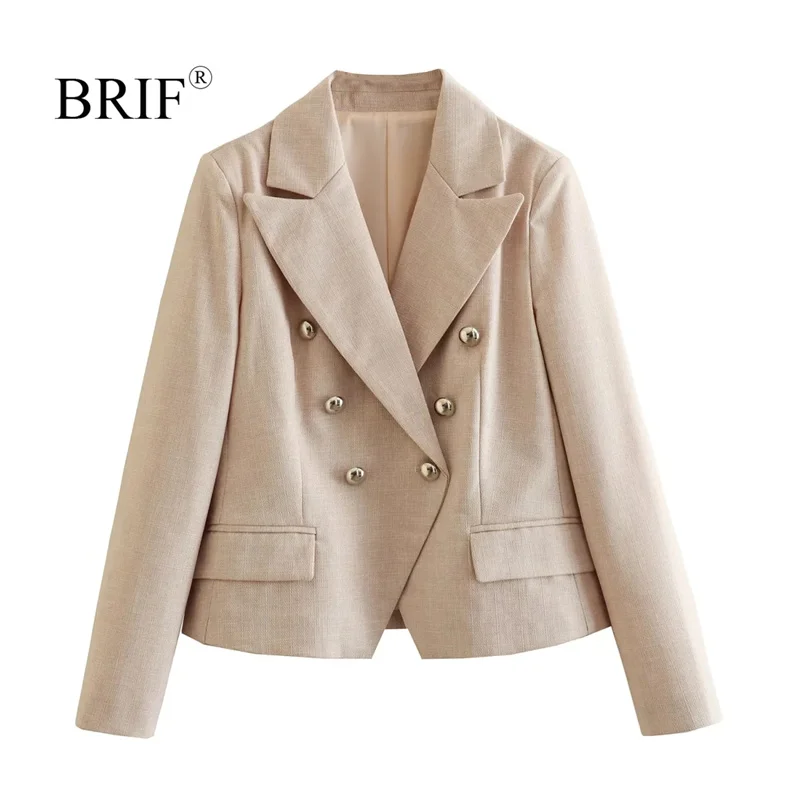 

BRIF Women Elegant Textured Double Breasted Blazer Lapel Collar Long Sleeve with Padded Shoulders Flap Pockets Tweed Jacket Coat