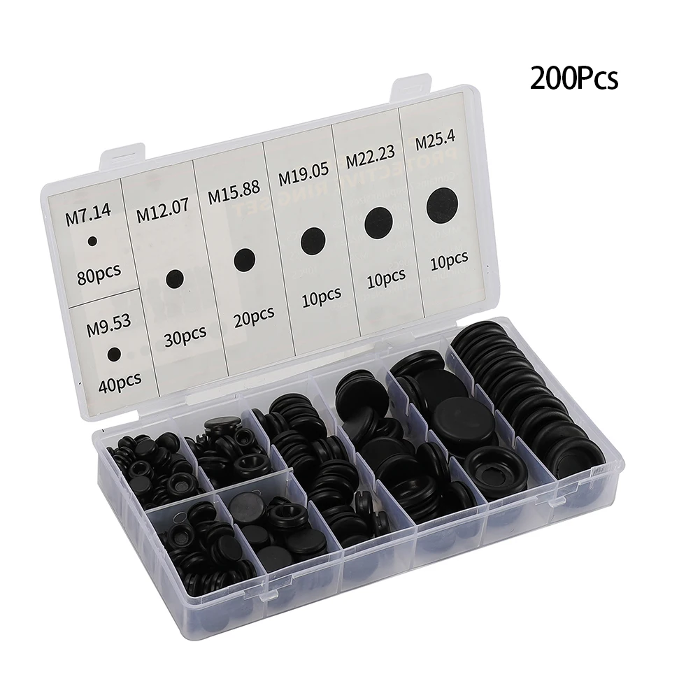 

Open/Closed Rubber Grommet Wiring Bung 200PCS Assorted Size Assortment Kits Black Blanking Grommets Rubber Tools