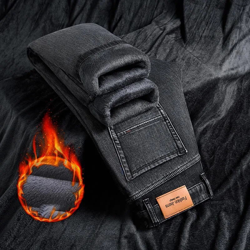 Зимние Брендовые прямые невыцветающие черные джинсы флисовые плотные теплые