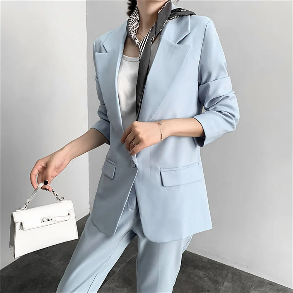 Casual Women Single Botton Blazer Suits Ol Pants Suit Notched Jackets & Ankle-length Trouser 2-pieces Set Fashion наборы брюки