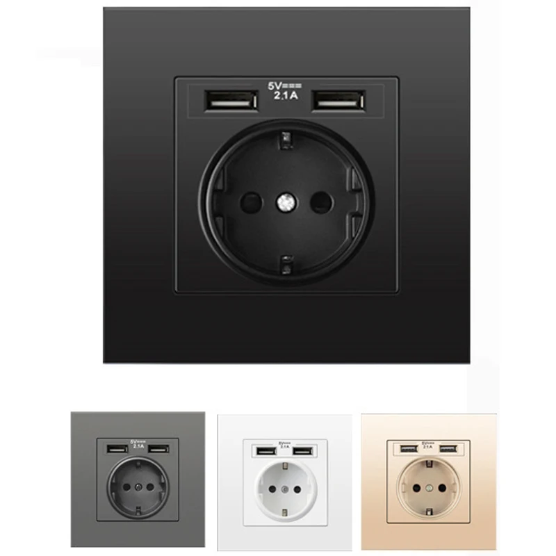 

EU Power Socket 16A USB Charging Port Plug Glass Panel Power Socket Glass Panel