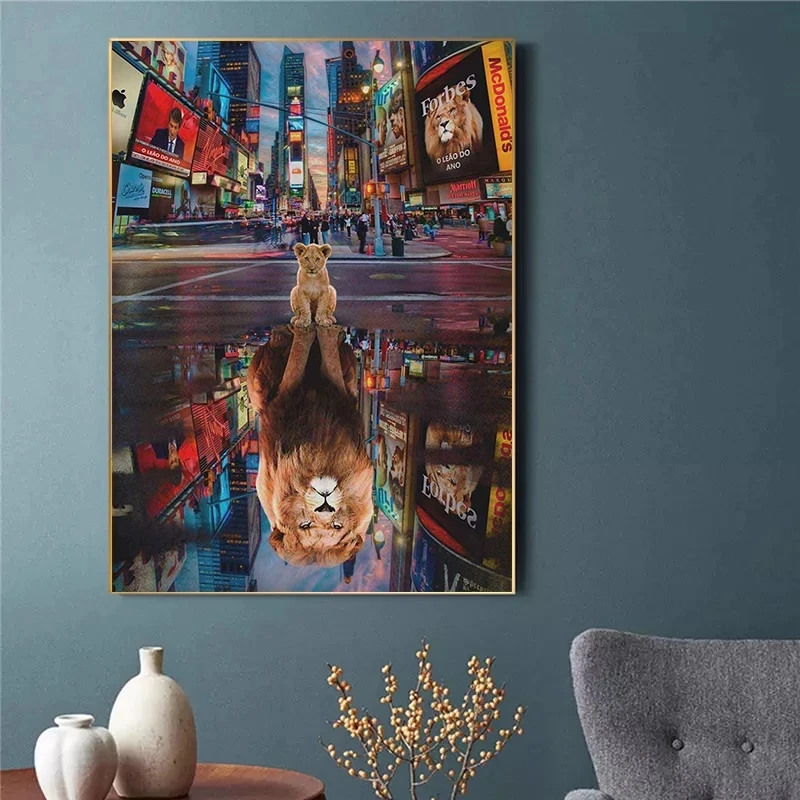 

Home Design Mural Modern City Bustling Street Little Lion Reflection Lion Abstract Poster and Print Canvas Painting Home Decor