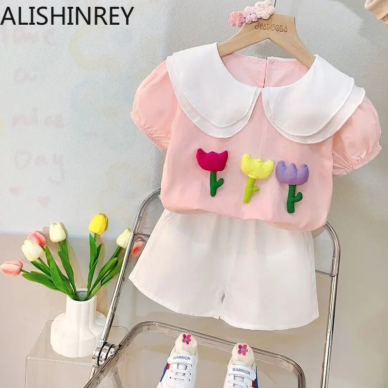 

Летнее Детское платье ALISHINREY для девочек, новый мультяшный милый летний комплект из двух предметов на бретельках с коротким рукавом, летняя детская одежда для девочек