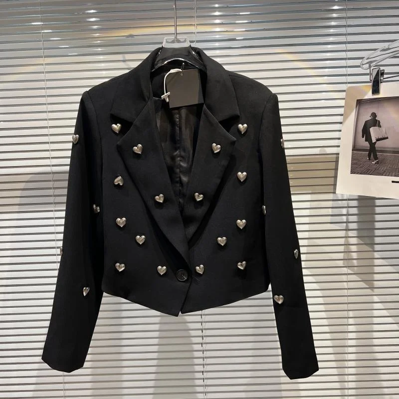 

3d Metal Love Detailed Crop Blazer Spring Summer Women Suit Coat