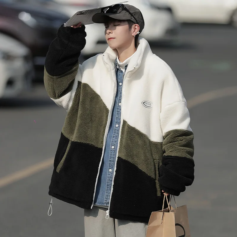 Cotton-padded Men's Autumn and Winter Contrast Color Thick Lamb Wool Coat Loose Warm Windproof Stand-up Collar Cotton-padded Men