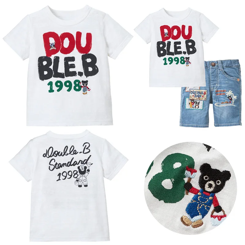 

Miki Children's Clothing Summer New Unisex Cartoon DB Black Bear Letter Short Sleeve T-shirt Round Neck Top Pure Cotton