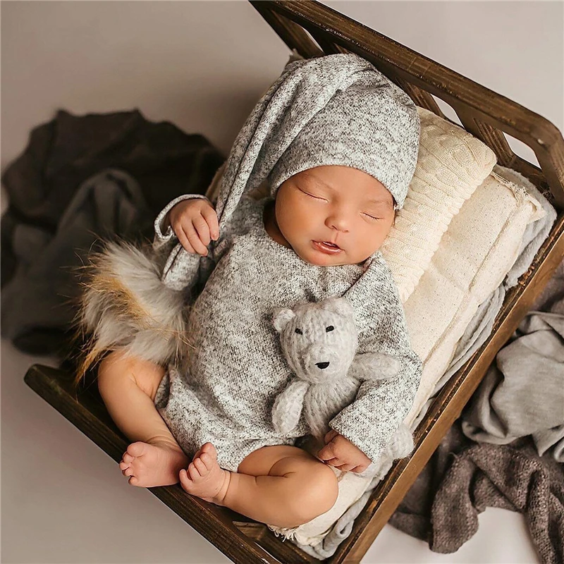 Dvotinst Newborn Baby Photography Props Soft Outfits Bodysuit Furry Ball Hat 2pcs Fotografia Studio Shooting Photo Props 0-1M