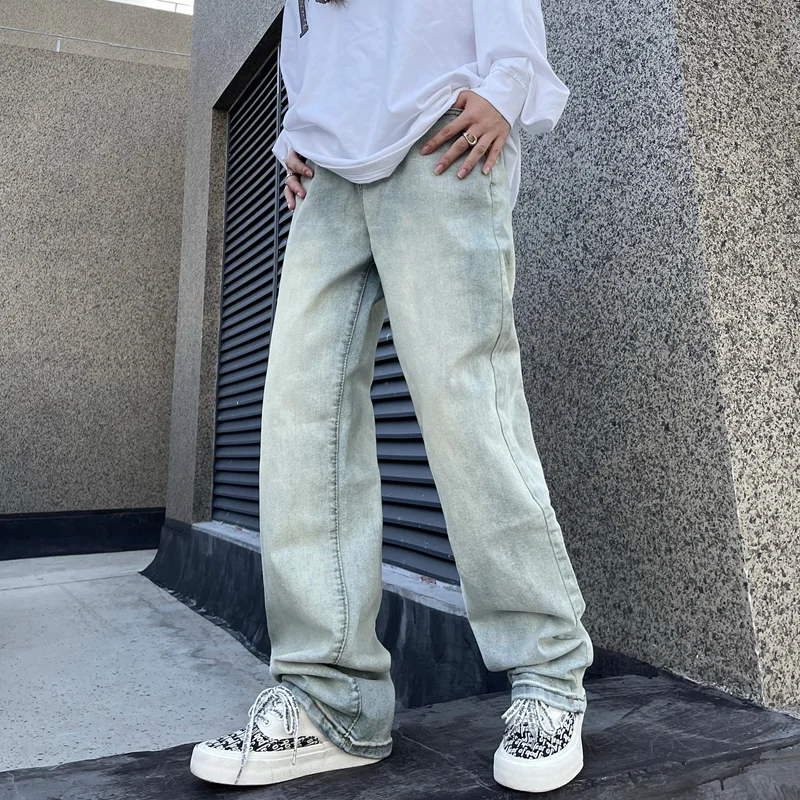 Men's Wear New Vintage Casual Jeans Yellow Mud Dyed Broad Leg Pants High Street Loose Straight Trousers Autumn and Winter Female