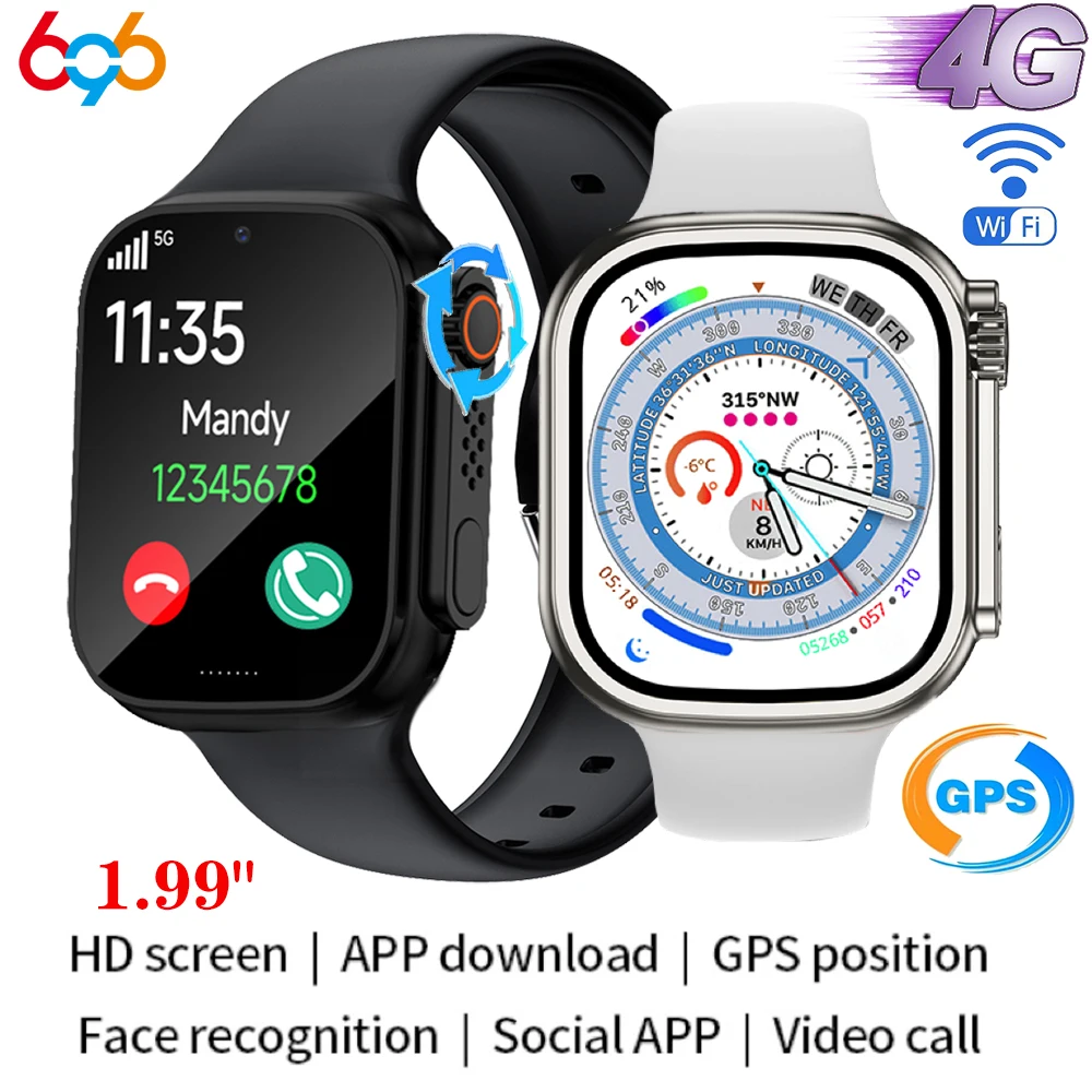 

New Ultra 1.99" Large Screen NFC SIM Card Men Smart Watch 4G Video Call GPS Sports 8G ROM 100+ APP Downloads Women Smartwatch