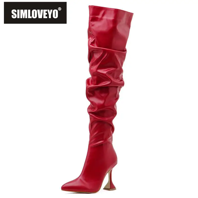 

SIMLOVEYO Over Knee Boots 53cm Pointed Toe Spool Heels 10cm Pleated Wide Leg Big Size 35-42 Zipper Sexy Boot Party Solid S4101