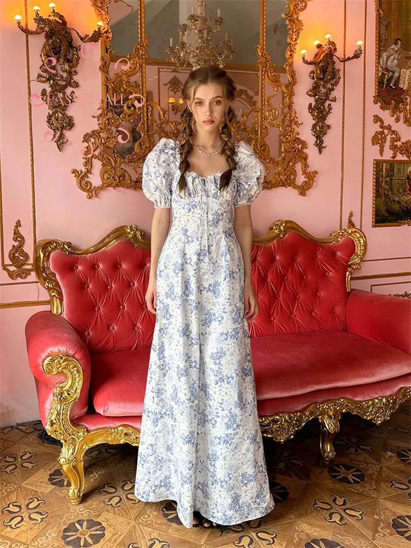 

Easysmall For love lemons House Vintage Lace Square Neck Bubble Sleeve Temperament Waist Wrap Dress