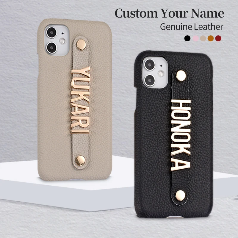 

Holding Strap Metal Personalization Your Name Pebble Grain Leather Genuine For iPhone 12 11 13Pro Max Mini X XS XR Max 7 8Plus