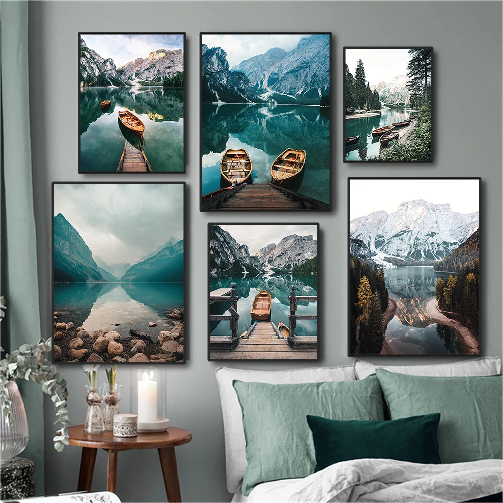 

Настенный постер в скандинавском стиле, настенная живопись с изображением природного пейзажа, гор, озера, лодки, современное домашнее декор...