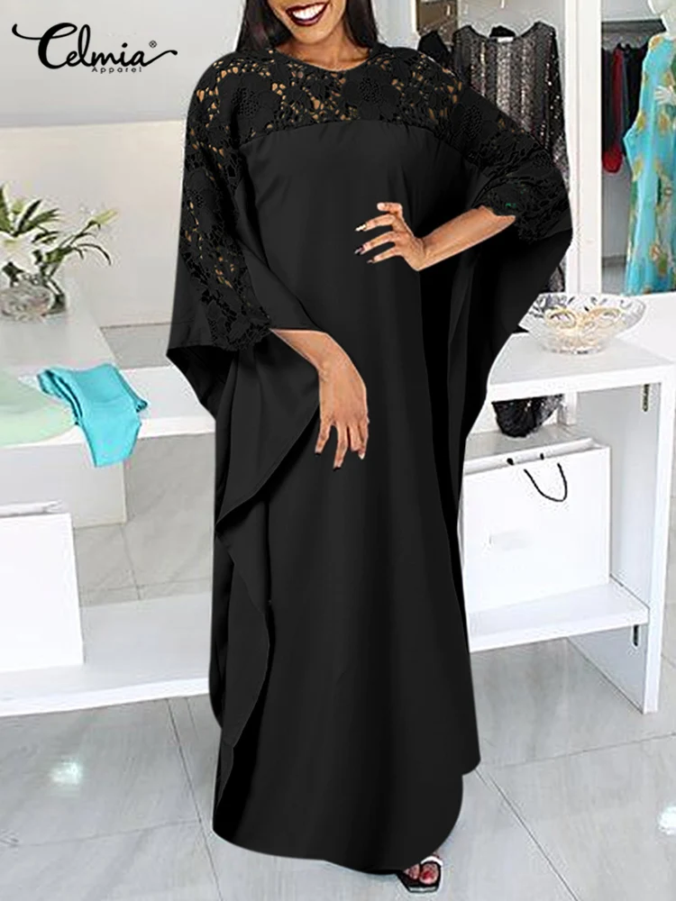 

Vintage Bat Sleeve Long Sundress Casual Women Lace Stitching Robes Celmia Summer O-neck Baggy Maxi Dress Party Oversized Vestido