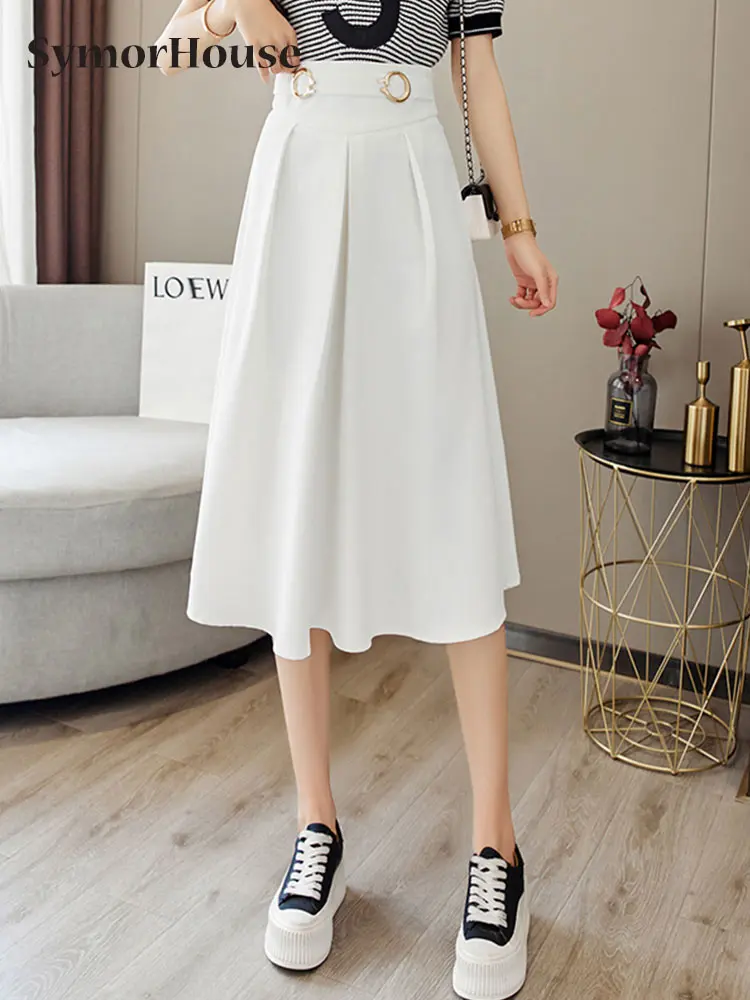 

Elegant Office Ladies Pleated Skirt 2022 New Vintage Women Casual A Line Midi High Waisted Skirts Korean Chic Lining Faldas