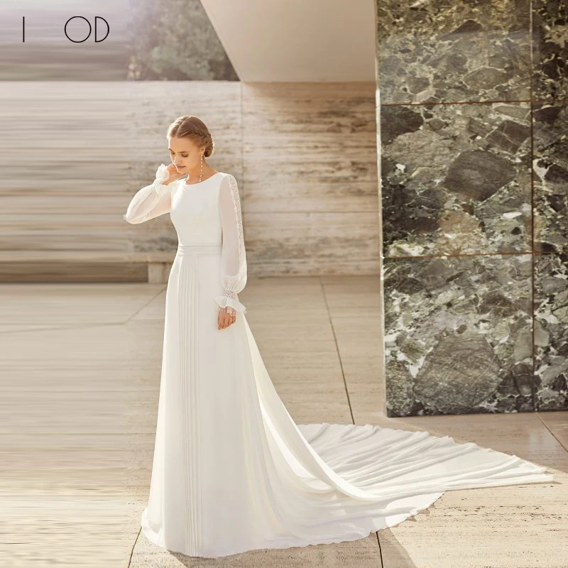 

I OD Simple Lace Long Sleeves Wedding Dress 2023 Elegant A-Line Scoop Ruffle Belt Backless Chiffon Robe De Mariee Chapel Train