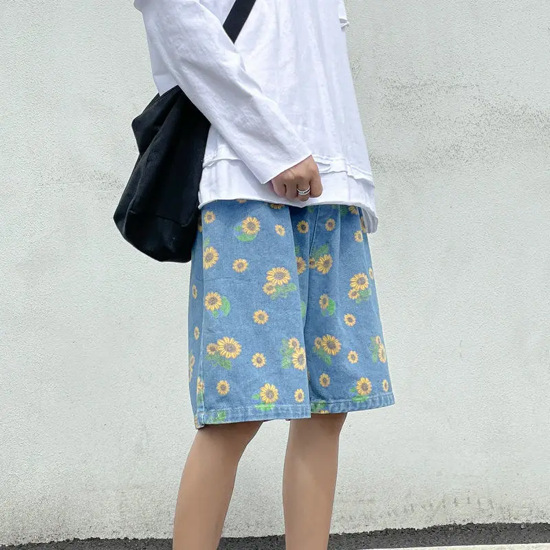 Summer Casual Denim Shorts Men Ins Fashion Printed Baggy Jeans Straight Pants Oversized Bottoms Streetwear Vintage Y2K Clothes