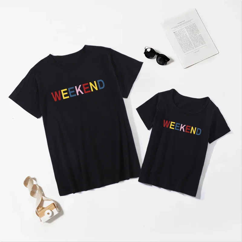 

Color cartoon letter printed mother's shirt mother and girl casual short sleeve summer tee E2W5