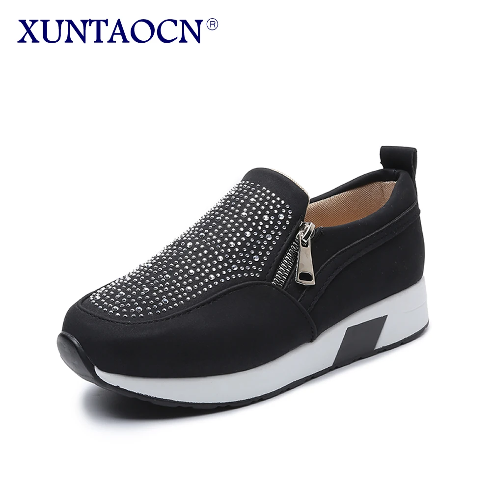 

Женские кроссовки с кристаллами, на плоской подошве, на молнии, Нескользящие, дышащие, Вулканизированная подошва, повседневная обувь для улицы, весна-осень 2022