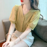 2022 summer new korean versatile knitting stitching chiffon ear edge v neck short sleeve shirt womens top