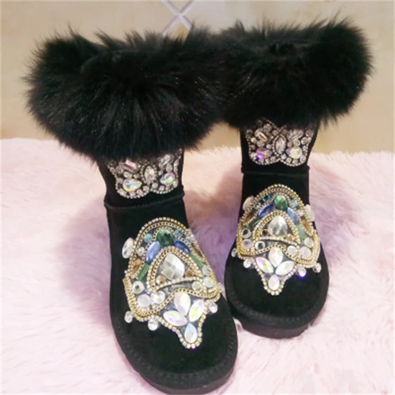 

Handmade diamond-studded leather rhinestone fox fur one-piece snow boots mid-tube cotton boots large size women's boots 35-41