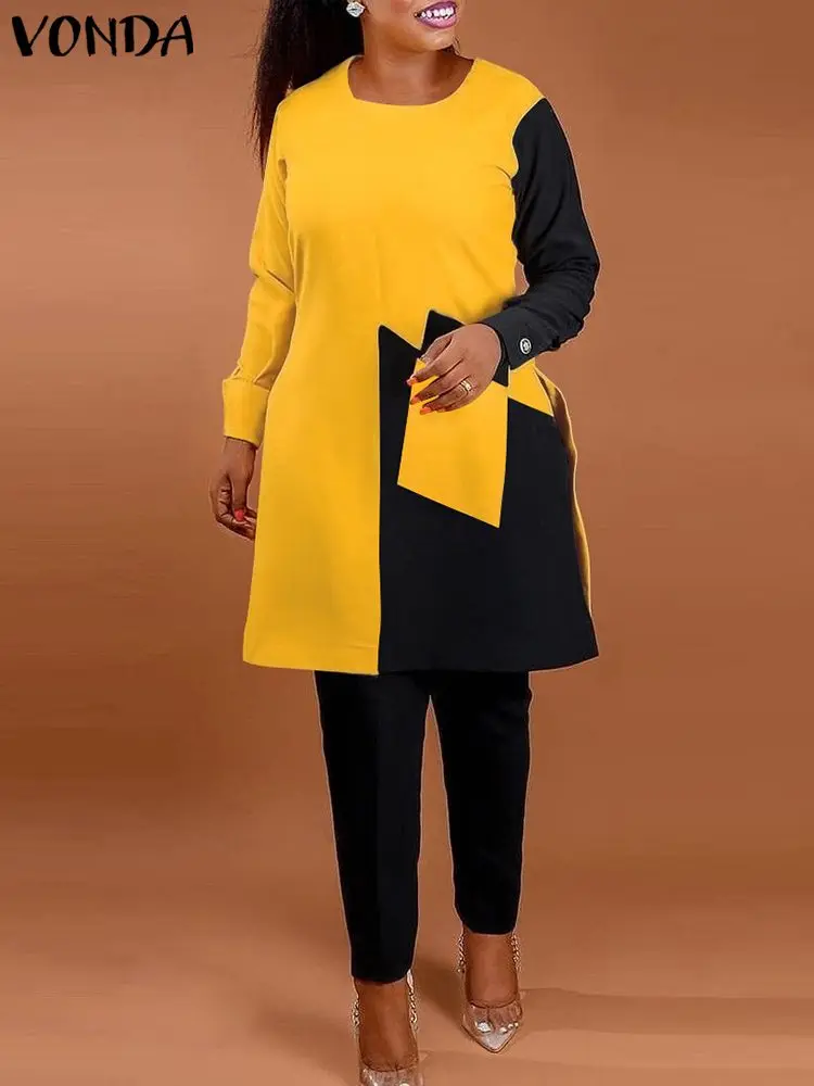 

2023 VONDA Women Pant Sets Autumn Suits Fashion Long Sleeve Color Patchwork Long Tops and Pants Casual Loose Matching Sets 2pcs