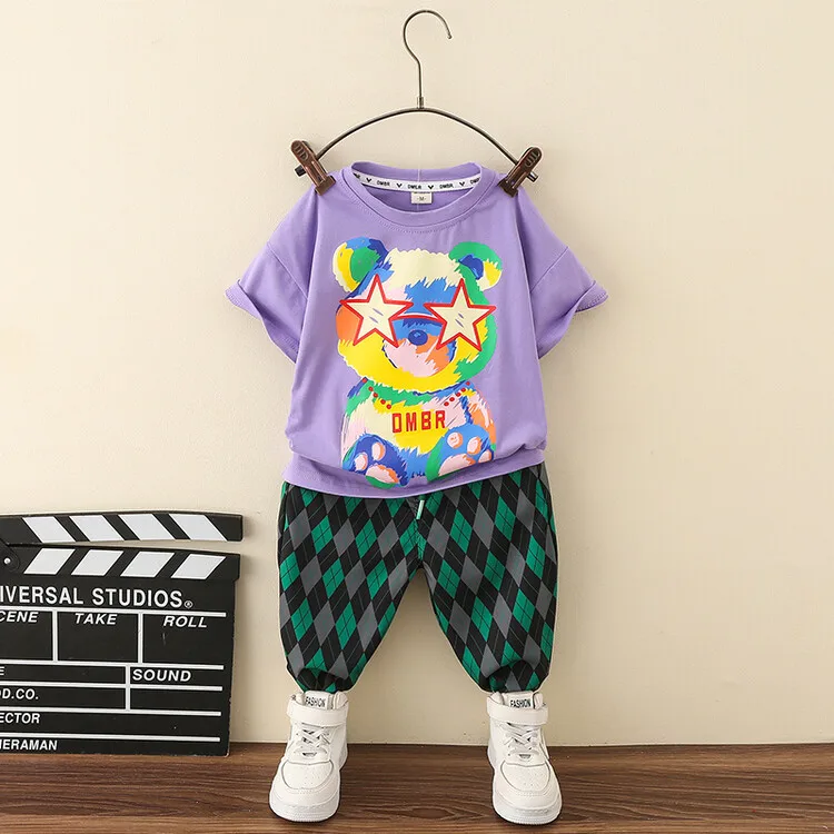 

summer boys suit baby set kids clothes children clothing t-shirt + pants 2 pcs set fashion cartoon prink boys tee clothing