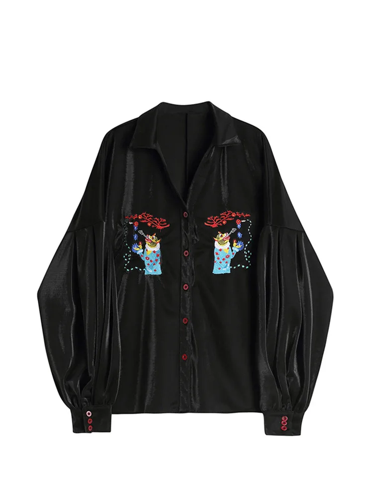 

Женская черная рубашка, новая осенняя уличная одежда, винтажный стиль, вышивка, длинный рукав, воротник поло, свободная Женская Повседневна...