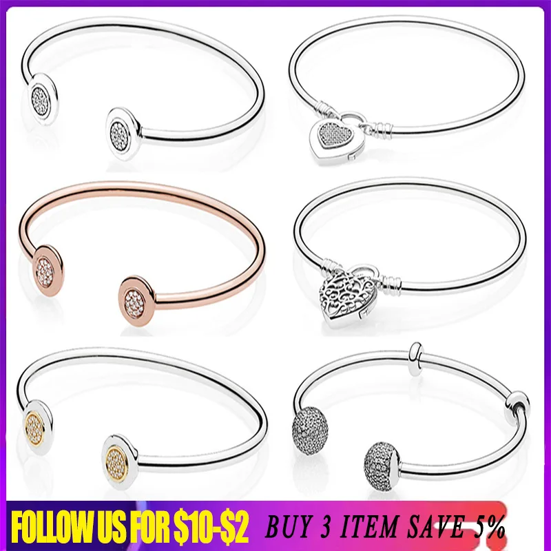 925 Sterling Silver Bracelets Heart Family Tree Moments Brand Beads Pavé Snake Open Chain Bangles For Women Diy Pendant Jewelry