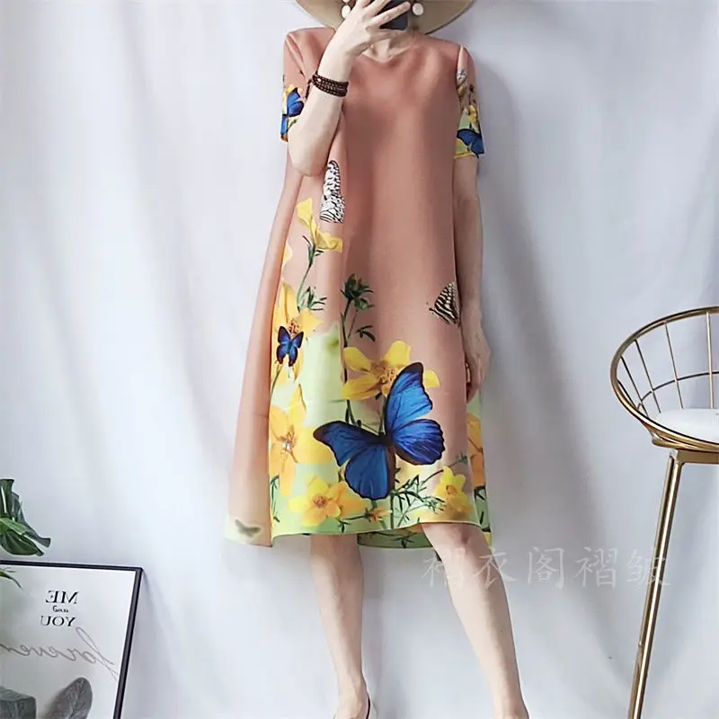 

Butterfly Flower Print Mother 2022 Summer Short Sleeve Dress Loose Large Size Elegant A Skirt Fashion Pleated Dimension Dress