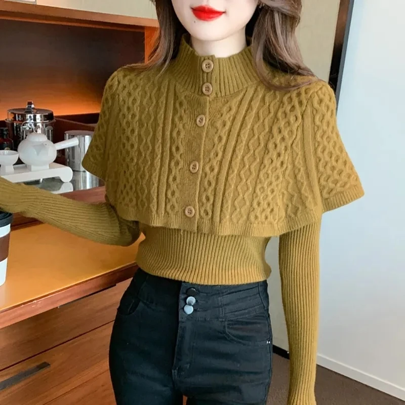 

Осень-зима 2022, новый стиль, плащ-шаль, комплект из двух предметов, вязаный свитер с высоким воротником, комплект из двух предметов, теплая уличная одежда