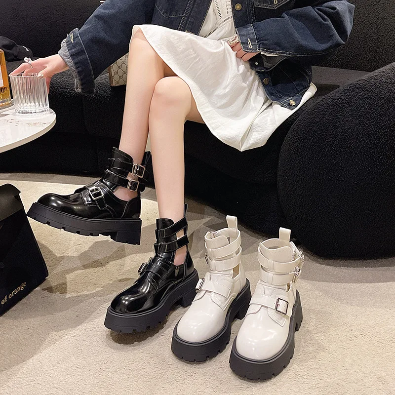 

Chunky Platform Shoes Women's Short Leather Boots Demonia Chic Luxury Designer Ankle Boot Female Wedges Gothic Lolita Booties