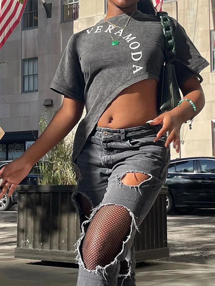 

Zoctuo Letter Print Women Short Sleeve Graphic T Shirt Irregular Crop Top Shirts Casual Streetwear Vintage Y2K Tops Wholesale